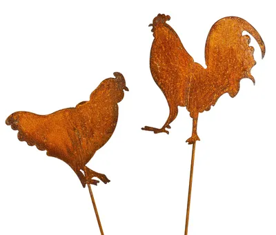 Image de Ensemble de 2 décorations de jardin représentant un coq et une poule, de couleur rouille