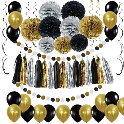 Productafbeelding van Feestdecoratieset zwart goud - Papierbloemen, franjes, slingers, ballonnen
