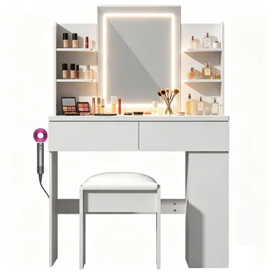 Produktbild von Schminktisch mit LED Beleuchtung Spiegel, einstellbare Helligkeit, Frisiertisch Kosmetiktisch mit 2 Schubladen, mit 1 Hocker