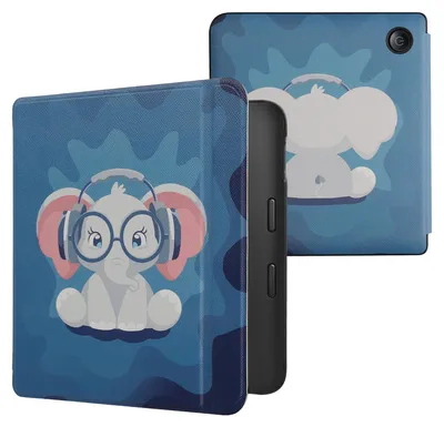 Produktbild von kwmobile Schutzhülle für Kobo Libra 2 Hülle - eReader Flip Case mit Auto Sleep Funktion - Süßer Elefant mit Hellblau Dunkelblau Grau
