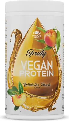 A product shot of a white container of Fruity Vegan Protein powder with a peach and liquid splash design.