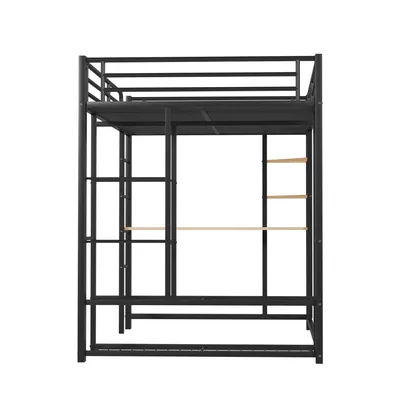 Produktbild von Flieks Etagenbett 140x200cm mit Schreibtisch, Kinderbett Metallbett mit Regal, Hochbett mit Rausfallschutz & Lattenrost, Doppelbett Stockbett Schwarz