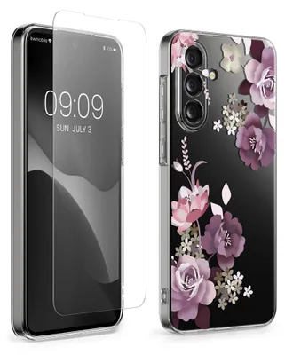 Produktbild von kwmobile Hülle kompatibel mit Samsung Galaxy A36 5G Handyhülle - Silikon Case transparent - Mit Glas Schutzfolie - Blumenblüten und Rosen Pastelllila