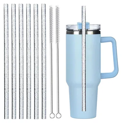 Image de Pailles en plastique réutilisables, 6 pièces, transparentes, 31 cm, compatibles avec les gobelets Stanley de 40 oz, avec 2 brosses de nettoyage