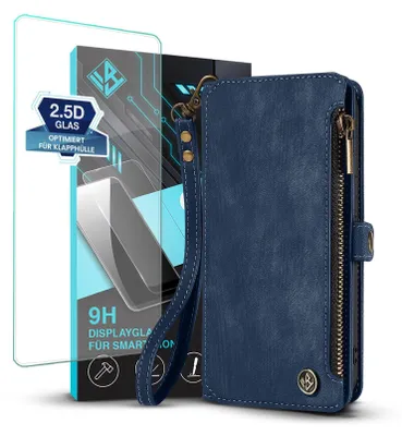 Produktbild von Handy Hülle für Xiaomi 15T Geldbeutel Geldbörse RFID Schutz Klapphülle Cover Schutzhülle Wallet mit 9H Displayglas Displayschutz Farbe: Blau