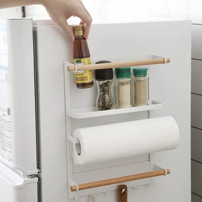 Produktbild von Magnetisches Küchenregal für den Kühlschrank, wandmontiertes Gewürzregal, Küchenutensilienhalter, bohrfreies Wandregal, platzsparendes Gewürzregal mit Rollenhalter. (Weiß, 7 x 27,5 x 34 cm)