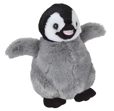 A plush toy baby penguin is shown against a white background.