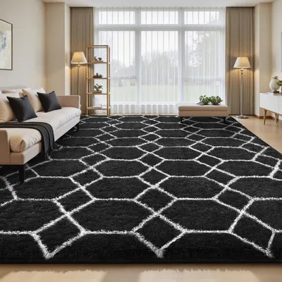 Obrázek produktu pro Koberec s vysokým vlasem, černobílý, 160x230 cm, omyvatelný, protiskluzový, obdélníkový