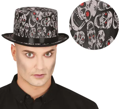Productafbeelding van Halloween schedelhoed. Een elegante hoed voor griezelige momenten, die veel reacties oproept. Perfect voor Halloweenfeesten en partijen. Skeletmotief, griezelig, kleur: zwart