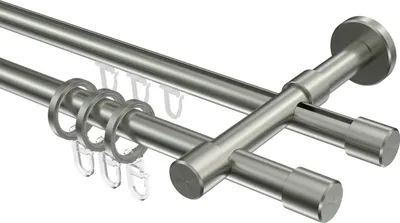 Produktbild von Interdeco Rundrohr-Innenlaufstange / Gardinenstange (Kombination) Edelstahl-Optik, Typ Sinux Casa (Kappe), 16 mm Ø 2-läufig, 180 cm