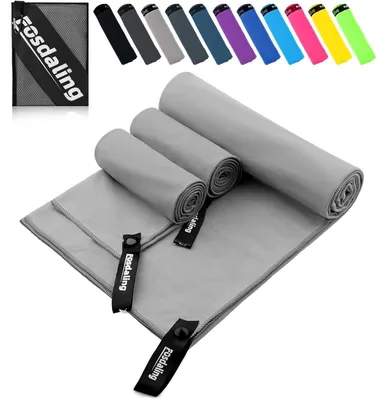 Produktbild von Mikrofaser Handtuch 3er Set Grau Groß 160x80cm Klein 80x40cm Schnelltrocknend mit Netzbeutel