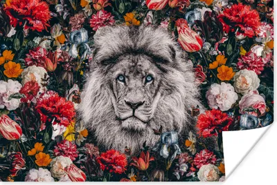 Produktbild von MuchoWow® Poster Löwe - Blumen - Schwarz - Weiß 60x40 cm - Schlafzimmerdekoration