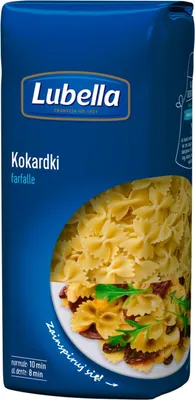 A package of Lubella Farfalle pasta, with a portion of the pasta shown on a plate with garnish.