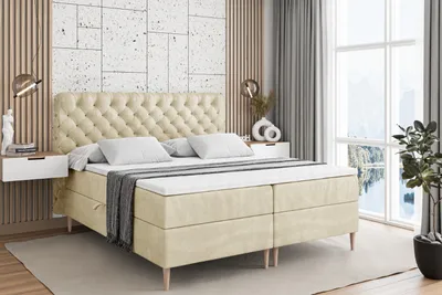 Produktbild von ALTDECOR Boxspringbett mit Holz Füßen, Matratze und Lattenrost, Boxbett, Topper, Polsterbett mit Bettkasten, Bett mit Stauraum H4-Matratze, Doppelbett - BOXI8-FD- 140x200 Beige Samt