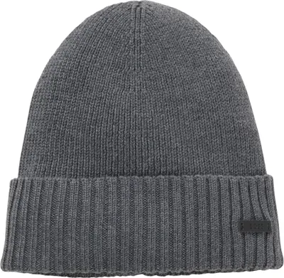 A close-up studio shot of a gray knitted beanie.