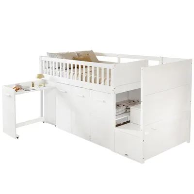 Produktbild von Hochbett mit Schreibtisch, Lattenrost, Kleiderschrank, Stauraumtreppe und Rausfallschutz, 90x200cm, Kinderbett, Kiefer