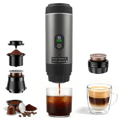 Tragbare 3-in-1 Espressomaschine, Akku, USB-C, Kapseln & Pulver, grau