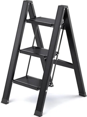 Image de Escabeau en aluminium, 3 marches, pliable, portable, avec large pied antidérapant, facile à plier, capacité de charge de 150 kg, noir