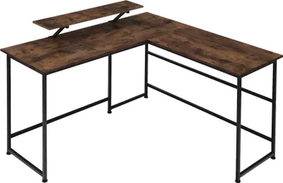 An L-shaped desk with a shelf on top.