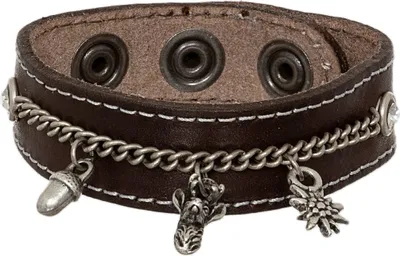 Produktbild von Breites Trachtenarmband aus dunkelbraunem Nappaleder mit Eichel, Hirsch und Edelweiß Motivanhängern