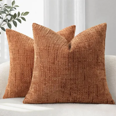 Productafbeelding van Set van 2 kussenhoezen, 40x40 cm, oranje chenille, geschikt voor sofa-kussens, decoratieve kussens, kussenhoezen
