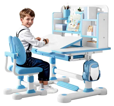 Produktbild von Schreibtisch- und Stuhlset für Kinder, 50-Grad-Neigungsablenk-Desktop, höhenverstellbar, blau