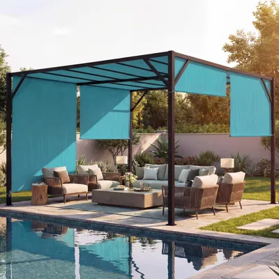 Immagine prodotto di Pergola Baia, copertura per patio a padiglione da giardino, robusta struttura in acciaio da 6 cm + tetto scorrevole blu turchese ~ 3x4m