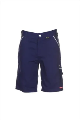 A pair of navy blue cargo shorts is shown against a white background.