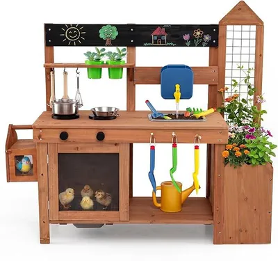 Immagine prodotto di Cucina da esterno per bambini, cucina giocattolo con serbatoio dell'acqua e rubinetto | Cucina giocattolo per bambini con lavello, gabbia per uccelli, fioriera, graticcio, vasi, giocattoli da giardino e accessori per cucinare, cucina giocattolo da giardino