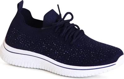 A single blue sneaker with white accents is shown from a side-diagonal angle against a white background.