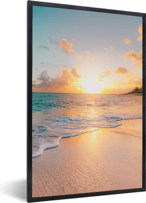 Produktbild von MuchoWow® Gerahmtes Poster Sonnenuntergang - Strand - Meer - Sommer - Blau 60x90 cm - Poster mit Schwarzem Bilderrahmen Wandposter Rahmen Foto Bilder - Kunst