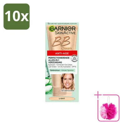 Imagen del producto de 10 unidades de crema BB antiedad Garnier SkinActive, tono claro - Crema de día con color, 50 ml - Paquete económico - 10 unidades
