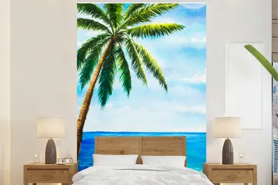Produktbild von MuchoWow® Fototapete für Wohnzimmer oder Schlafzimmer Wandtapete Vinyl Motivtapete Meer - Palme - Himmel - 200x300 cm - Wanddekorationen