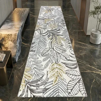 Produktbild von Moderner Kurzflorteppich Creme Blätterdesign mit Glanzoptik für Wohnzimmer Schlafzimmer und Flur Größe - 80 x 300 cm