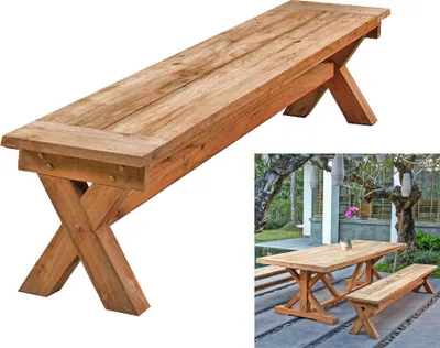 A wooden bench is shown against a white background, with a smaller inset image showing a wooden table and benches in an outdoor setting.