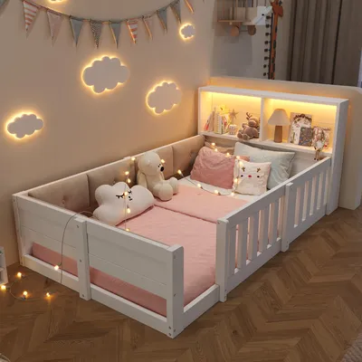 Productafbeelding van Platbodembed 90x200, kinderbed met spijlen, beklede zijkanten, LED-lichtbalk, zonder matras