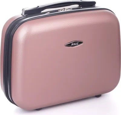 A rose gold vanity case or small suitcase is shown from a three-quarter front view against a white background.