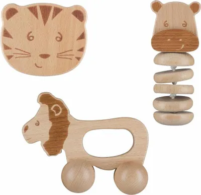 Produktbild von Bebeconfort Baby Holzspielzeug, nachhaltiges Lernspielzeug aus  niedliches Geschenkset für Babys: Rollspielzeug + Glockenrassel + Rasselkette, braun