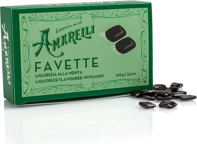 Produktbild von Amarelli Favette alla Menta, Hartes Lakritz mit Minze, Box, 100 g, Amarelli Italien
