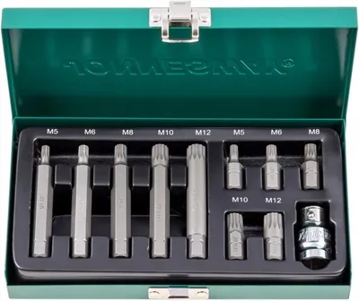 Produktbild von Set de Spline Bits Jonnesway 11-teilig S29H4111S für feinmechanische und Montagearbeiten, inkl. Adapter und Metallkoffer.