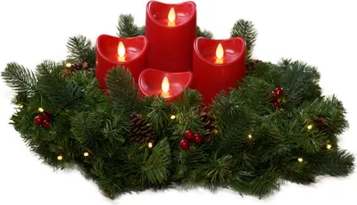 Produktbild von Künstlicher Adventskranz mit Lichterkette und 4 LED Kerzen | Batteriebetrieben | Sicher in der Anwendung | Tannenkranz mit Zapfen und Beeren