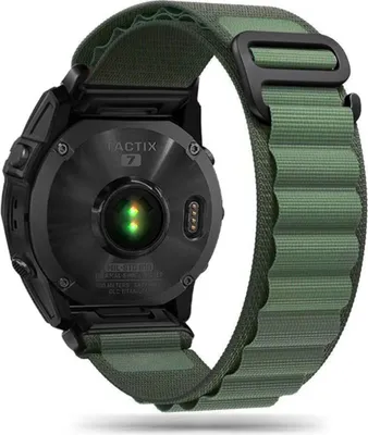The back of a dark green smartwatch with a green nylon strap.