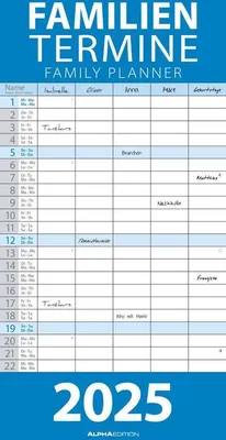 Immagine prodotto di Alpha Edition - Agenda familiare blu 2025, 22x45 cm, calendario familiare a 5 colonne per appuntamenti, orari, settimane di calendario, date delle vacanze in Germania/Austria/Svizzera, calendario internazionale