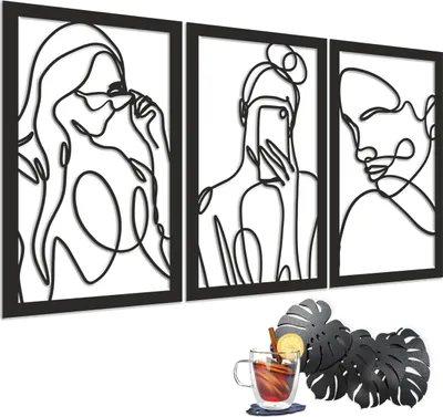 Produktbild von Schwarzes 3D-Bild - Filigraner Frauen-Triptychon, Wanddekoration für Wohnzimmer, Industrial Design, moderner Line Art-Stil 56x96