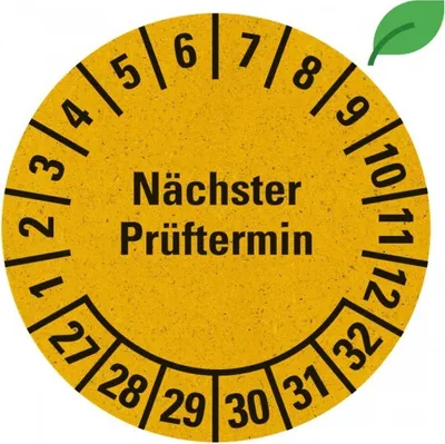 Produktbild von Dreifke® Prüfplakette Nächster Prüftermin 27-32,gelb,Graspapier,selbstkl.,Ø 3...
