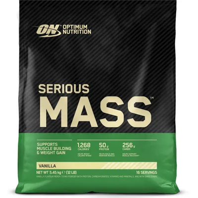 A bag of Optimum Nutrition Serious Mass protein powder.