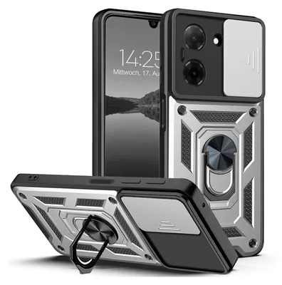 A product shot of a phone case with a ring holder and camera cover.