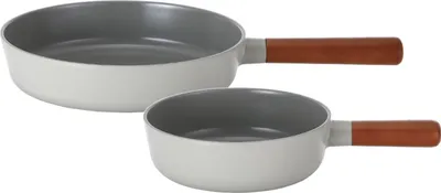 Two cooking pans with wooden handles are displayed against a white background.