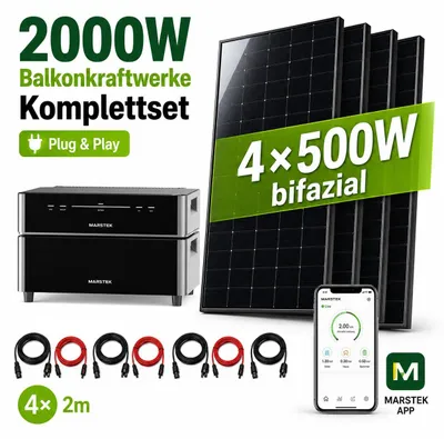 Produktbild von Balkonkraftwerk 2000W MARSTEK Venus D All-in-One Plug-in Batterie 2,56 kWh Zusatzakku mit 4×500W bifazialen Solarmodulen PV Solaranlage Solarspeicher