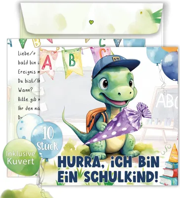 10er Set Einschulung Einladungskarten – Inklusive bedruckte Umschläge – Süßes Dino Design – Einladung Einschulung Junge und Mädchen
